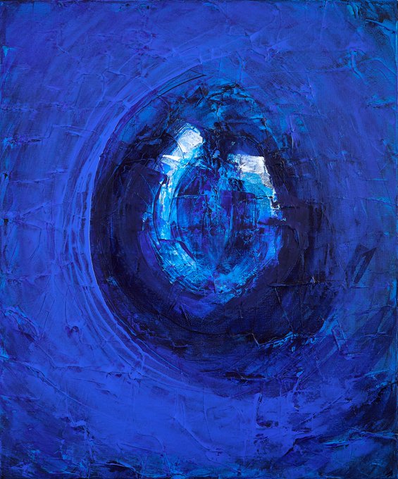 A textured abstract painting in deep cobalt and sapphire blue tones, with a luminous pale blue focal point at its center surrounded by concentric, impasto brushwork that creates a swirling, hypnotic vortex. The title "Sapphire Hypnopompia" is reflected in the artwork's dreamlike, trance-inducing quality and its rich blue gemstone palette.