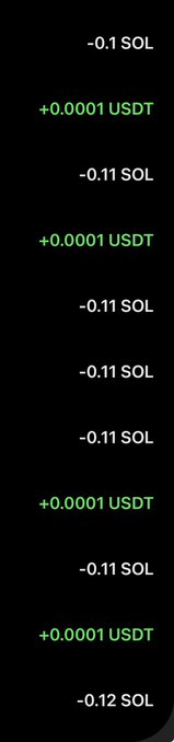 The image displays a list of cryptocurrency transaction amounts in USDT and SOL, showing multiple entries of "+0.0001 USDT" alongside "-0.11 SOL" and "-0.12 SOL" deductions, which relates to the post as visual proof of the author sending out small SOL airdrop gifts to followers who liked the post.