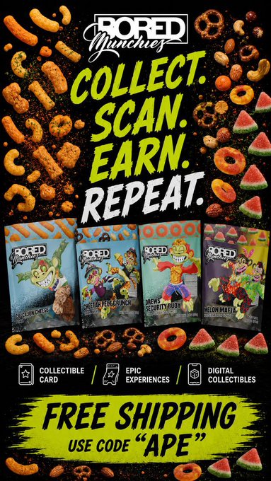An advertisement for 'Bored Munchiez' collectible cards with the text 'COLLECT. SCAN. EARN. REPEAT.' and a 'FREE SHIPPING USE CODE "APE"' offer.