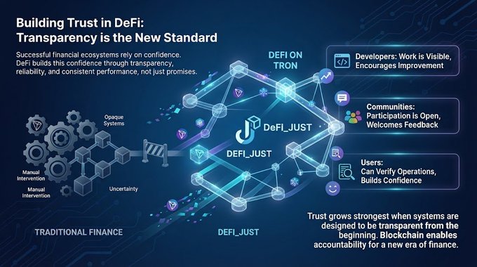 Marketing graphic titled 'Building Trust in DeFi: Transparency is the New Standard' by DeFi_JUST, contrasting traditional finance (opaque systems, manual intervention, uncertainty) with their decentralized blockchain-based ecosystem on Tron.