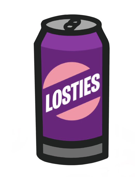 An illustration of a purple soda can with a pink logo design and the word 'LOSTIES' written across it in bold white letters.