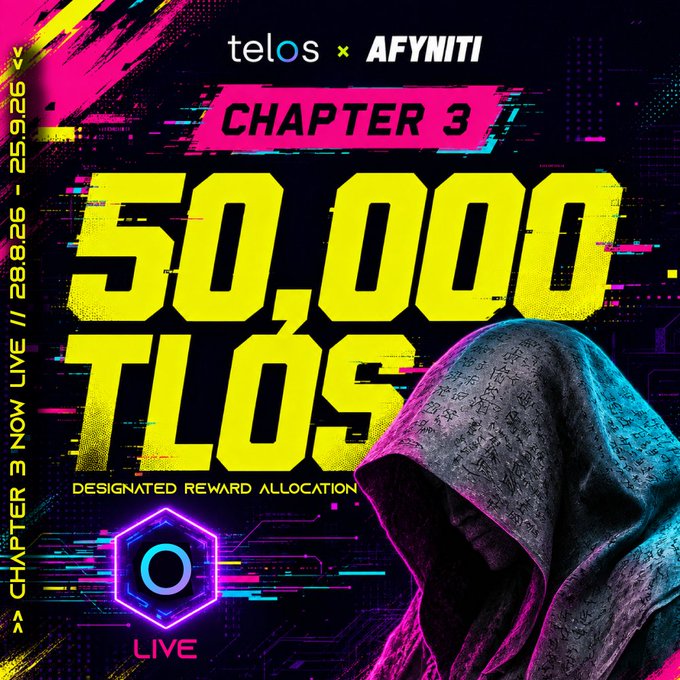 A promotional graphic featuring glitch-art styling with neon pink and yellow colors displays 'telos x AFYNITI' at the top, 'CHAPTER 3' in pink, and large yellow text reading '50,000 TLOS' with 'DESIGNATED REWARD ALLOCATION' below, alongside a hooded figure and a hexagonal 'LIVE' logo.