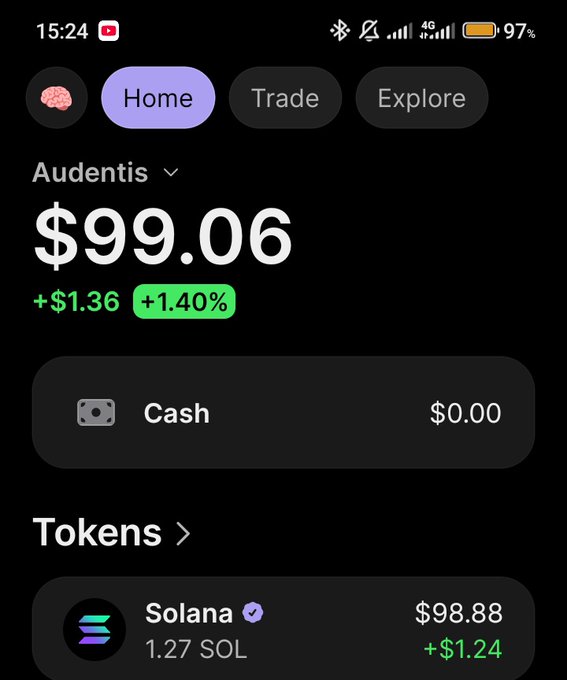 A mobile screenshot of a crypto portfolio app showing an account under the name "Audentis" with a balance of $99.06 (+$1.36, +1.40%), including a "Tokens" section featuring 1.27 SOL ($98.88, +$1.24) and $0.00 cash. The image illustrates the poster's crypto holdings on Moonpay, aligning with their grateful expression toward the platform for their positive gains.
