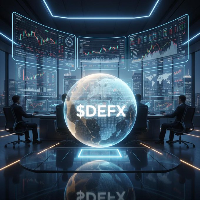 A futuristic trading room with traders seated at workstations displaying financial charts, centered around a holographic globe labeled '$DEFX'.