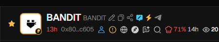 The image appears to be a graphic displaying token or cryptocurrency-related information, with text reading "BANDIT" prominently, alongside "13h," "0x80...c605," and "71%" among other symbols and numbers. This visually represents the claims in the post, highlighting a token where developers hold 71% of the supply, consistent with the user's note about the high dev holdings and limited actual market cap.