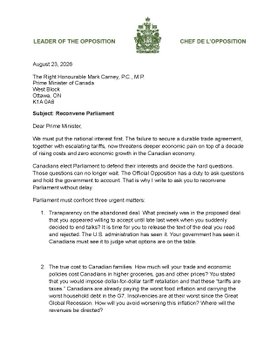 An official letter from Canada's Office of the Leader of the Official Opposition, dated August 22, 2025, regarding the Rosenzweig Parliament bill on economic interest fast-track agreements.