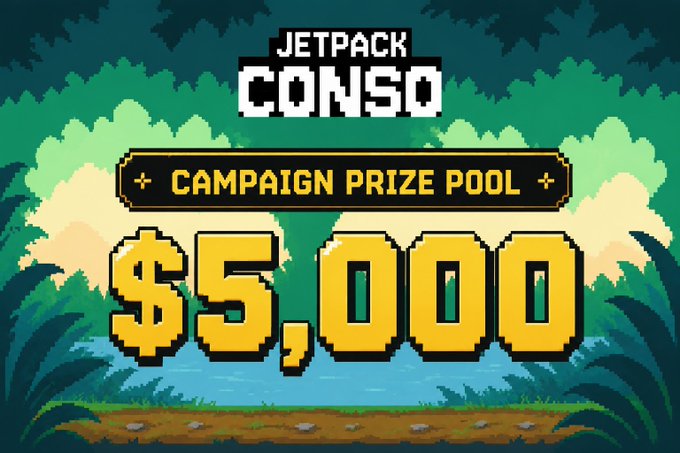 A pixel-art promotional graphic for Jetpack Conso announces a "Campaign Prize Pool" of $5,000, set against a jungle landscape with a river and sky. The image illustrates the contest details shared in the post, highlighting the prize amount available to the top 50 players who climb the leaderboard by collecting zaps.
