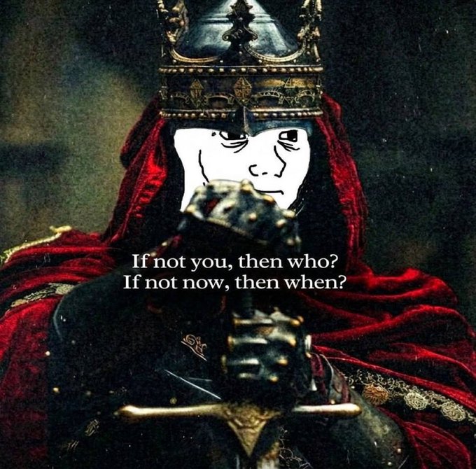 A digitally edited image of a medieval king in red robes and a crown, with his face replaced by a meme-style expression. The text overlay reads, 'If not you, then who? If not now, then when?'
