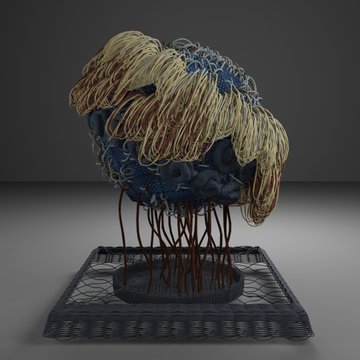 A wire sculpture depicting a bonsai-style tree with golden wire leaves and a dark blue textured base sits on a square platform against a dark background.