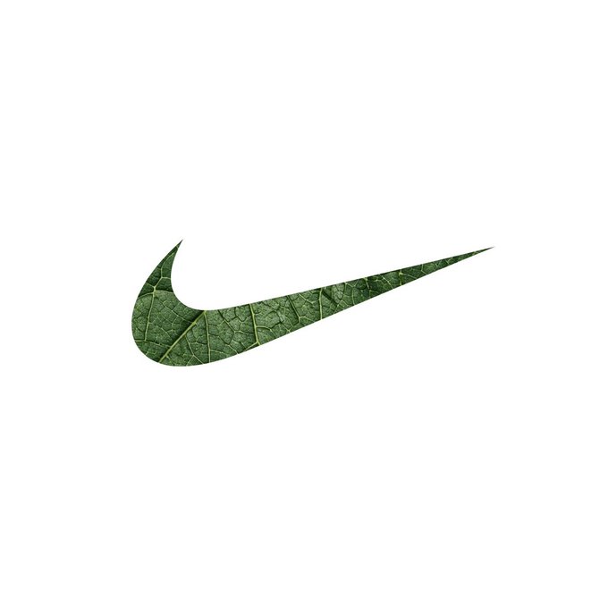 A creative logo or design featuring the Nike swoosh symbol crafted from a green leaf with visible veins, set against a white background.