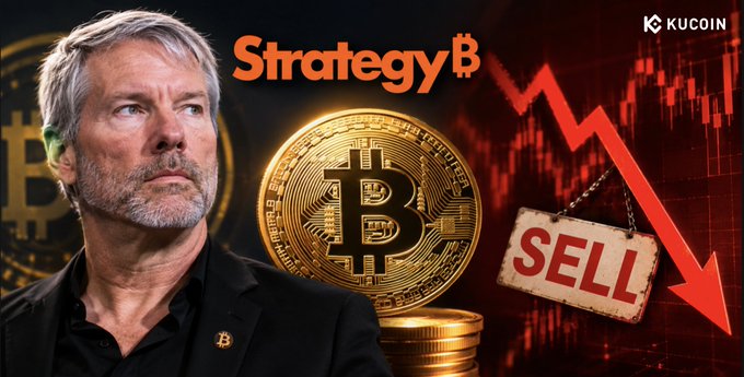 The image features Michael Saylor alongside "Strategy ₿" text, a large Bitcoin coin, and a prominent downward red arrow with a "SELL" sign, visually representing the post's revelation about Strategy's unprecedented sale of 1,638 BTC for $104.73 million and challenging Bitcoin's long-held "never sell" rule.