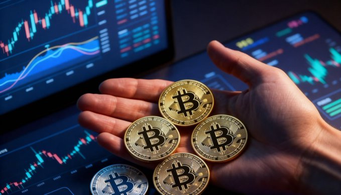 A hand holds several gold Bitcoin coins against a backdrop of financial trading screens displaying colorful candlestick charts and market data. The image visually connects to the post's theme by symbolizing digital asset participation and the accessibility of cryptocurrency investment through cloud mining platforms like FQL Exchange.