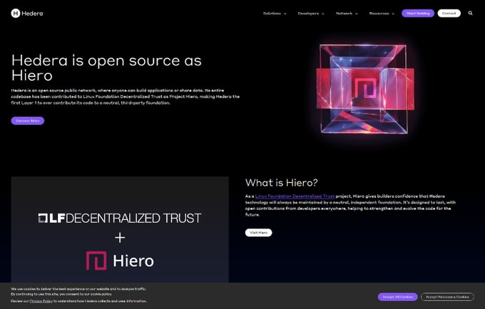 A webpage screenshot for Hedera announcing 'Hedera is open source as Hiero', with sections explaining What is Hiero and a call to 'Explore Hiero'.