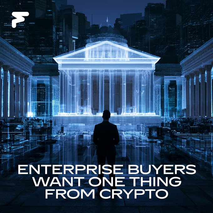 A futuristic digital image shows a silhouetted person facing a glowing blue classical temple structure in a modern city, with the text 'ENTERPRISE BUYERS WANT ONE THING FROM CRYPTO' overlaid.
