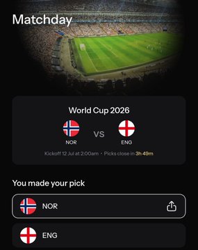 A mobile app screen titled 'Matchday' showing a World Cup 2026 match between NOR and ENG with a kickoff of 17 Jul at 2:00am, indicating the user made their pick for NOR.