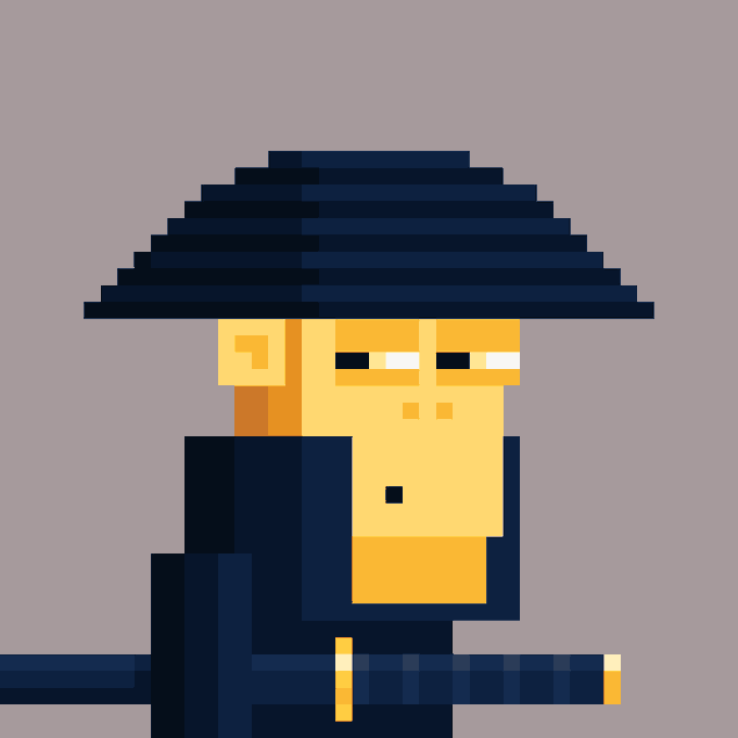 A pixelated, samurai-like character wearing a wide-brimmed dark hat and wielding a sword stands against a gray background. The stoic, watchful figure embodies the post's metaphor of patient observation and readiness to "strike" as attention returns to Ordinals on the $BTC network.