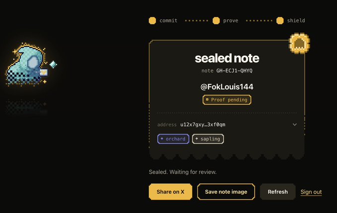 A digital interface showing a 'sealed note' with note ID GH-ECJ1-0HYQ from user @FokLouis144, marked as 'Proof pending' with address u12x7qxy-3xf0qm and tags for orchard and sapling, awaiting review.