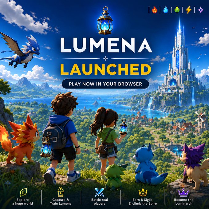 Promotional graphic for 'LUMENA LAUNCHED' browser game featuring children with glowing lanterns and colorful creatures overlooking a fantasy castle, highlighting features like Explore, Capture, Battle, Earn Sigils, and Luminarch.