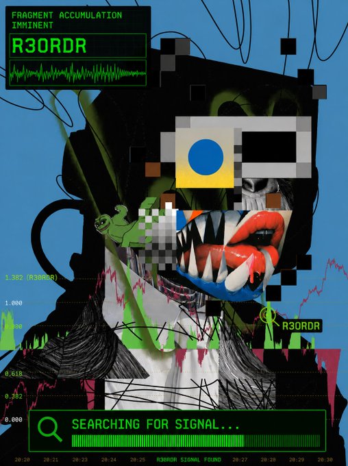 A chaotic pixel/glitch art collage featuring a distorted face with sharp teeth, an eye, and stock chart elements, labeled with 'R30RDR' and 'FRAGMENT ACCUMULATION IMMINENT' and 'SEARCHING FOR SIGNAL...'.
