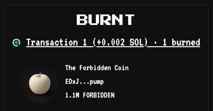 A dark-themed crypto transaction screen displaying 'BURNT', 'Transaction 1 (+0.002 SOL) - 1 burned', and details for 'The Forbidden Coin' with '1.1M FORBIDDEN' next to a white apple emoji.