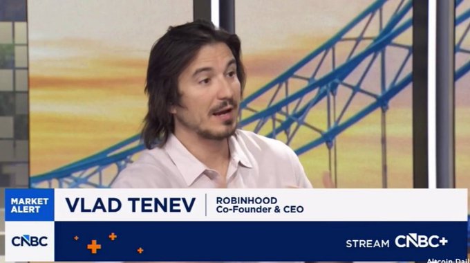 CNBC Market Alert interview with Vlad Tenev, Co-Founder & CEO of Robinhood, shown on screen in a white shirt.