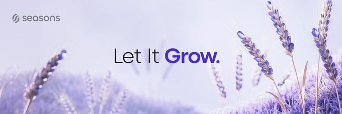 The image features lavender flowers with a soft purple hue against a light sky, displaying the "Seasons" logo in the top left and the phrase "Let It Grow." in the center. The "Let It Grow" tagline visually reinforces the message, suggesting the post invites the Seasons DeFi community to share what they love and what they'd like to see "grow" within the project.