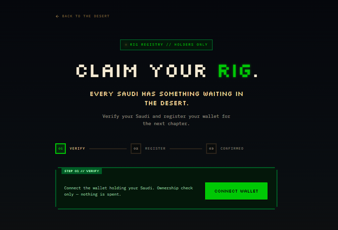 A 'Claim Your Rig' page for RIG Registry / Holders Only, instructing Saudi NFT holders to verify their wallet to register, with a 'Connect Wallet' button and a 3-step progress indicator.