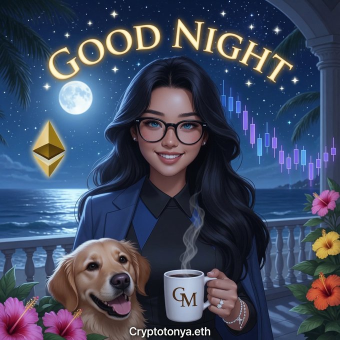 A digital illustration of a woman with glasses holding a coffee mug labeled "GM" next to a golden retriever, with "GOOD NIGHT" written above, an Ethereum logo, a candlestick chart, and the text "Cryptotonya.eth" at the bottom.