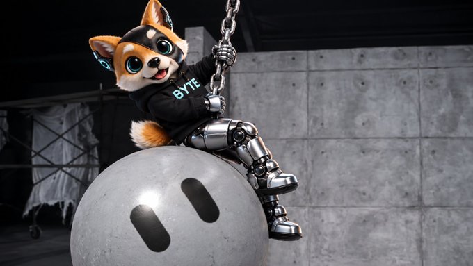 A 3D-rendered character of a robotic dog with a real dog head, wearing a black 'BYTE' hoodie, sitting on a large metallic sphere with a face-like design, holding a chain.