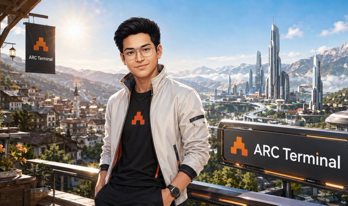 A man wearing glasses and a beige jacket over a black t-shirt with the orange 'ARC Terminal' logo stands in front of a futuristic cityscape with mountains in the background.