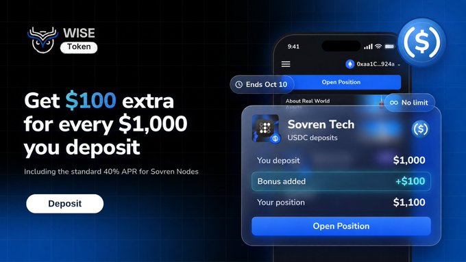 A promotional graphic for 'WISE Token' advertises 'Get $100 extra for every $1,000 you deposit' and shows a mobile app interface for 'Sovren Tech' with a $1,000 deposit and a +$100 bonus.