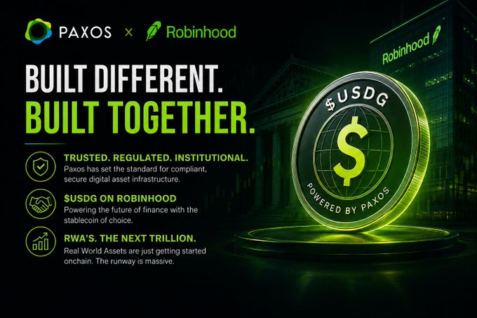 A promotional graphic for Paxos x Robinhood partnership featuring $USDG coin with text 'BUILT DIFFERENT. BUILT TOGETHER.' highlighting trusted regulation and RWA's trillion-dollar potential.