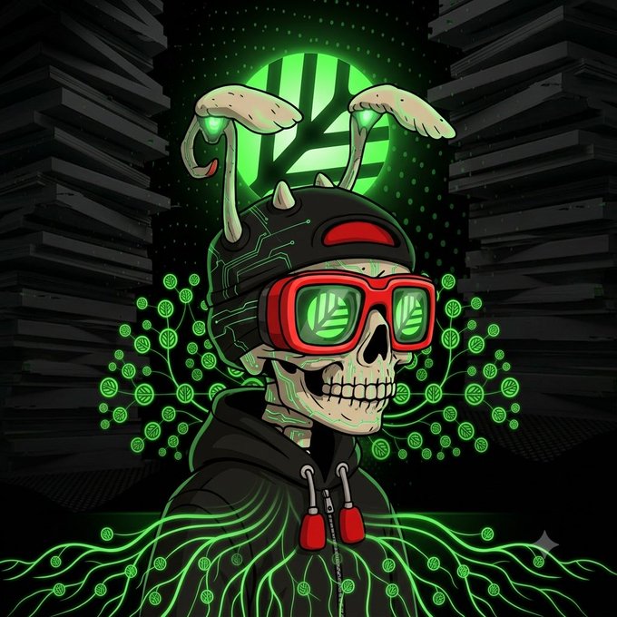 A digital illustration shows a skull wearing a backwards cap and red-rimmed glasses, with small wings sprouting from the cap, set against a green circuit-board background featuring a large yen/currency symbol.