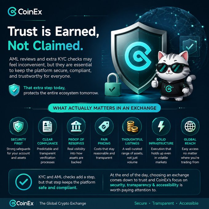 A CoinEx cryptocurrency exchange promotional graphic titled 'Trust is Earned, Not Claimed.' highlighting AML/KYC compliance, featuring the mascot cat and icons for security, compliance, listings, infrastructure, and global reach.