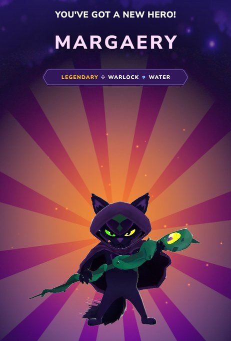 The image features a cartoon cat with green eyes standing against purple and orange background elements. The cat appears to be holding a stick, possibly a wand or a sword, which adds an element of fantasy to the scene. The caption below the image reads "you've got a new hero! Margarethy Legendary + Warhammer @water". This suggests that the cartoon cat is part of a larger narrative involving the character Margarethy and her adventures in the world of video games.