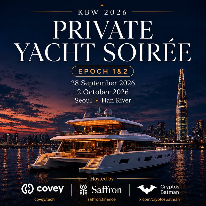 A promotional flyer for the "KBW 2026 PRIVATE YACHT SOIRÉE" featuring a luxury yacht on the Han River in Seoul, with dates of 28 September 2026 and 2 October 2026, hosted by covey.tech, saffron.finance, and x.com/cryptosbatman.