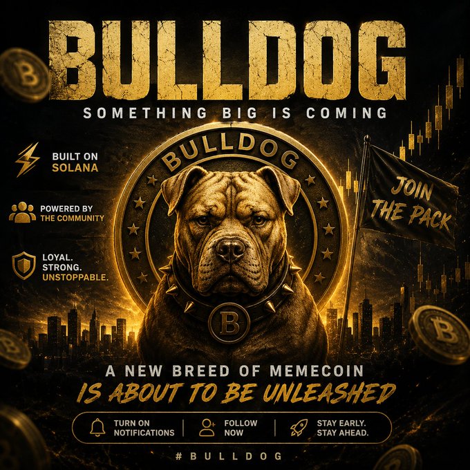 A promotional graphic for the "BULLDOG" memecoin features a fierce bulldog centered on a golden medallion with "BULLDOG" written above and the tagline "SOMETHING BIG IS COMING," set against a dark cityscape with candlestick charts and a "JOIN THE PACK" flag. The bold text "A NEW BREED OF MEMECOIN IS ABOUT TO BE UNLEASHED" appears below, alongside branding elements noting it's "BUILT ON SOLANA," "POWERED BY THE COMMUNITY," and marked "LOYAL. STRONG. UNSTOPPABLE." — visually reinforcing the post's messaging of strength, loyalty, and community-driven momentum for ticker #BULLDOG (CA: HspUVk9ZH99Tt9GMWS4iTggHyzHqCK11FgUeZLPUpump).