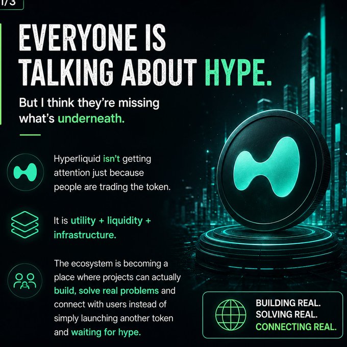 A promotional graphic with the headline "EVERYONE IS TALKING ABOUT HYPE" explaining that Hyperliquid isn't getting attention just for the token but for "utility + liquidity + infrastructure," featuring a glowing teal 3D coin logo.