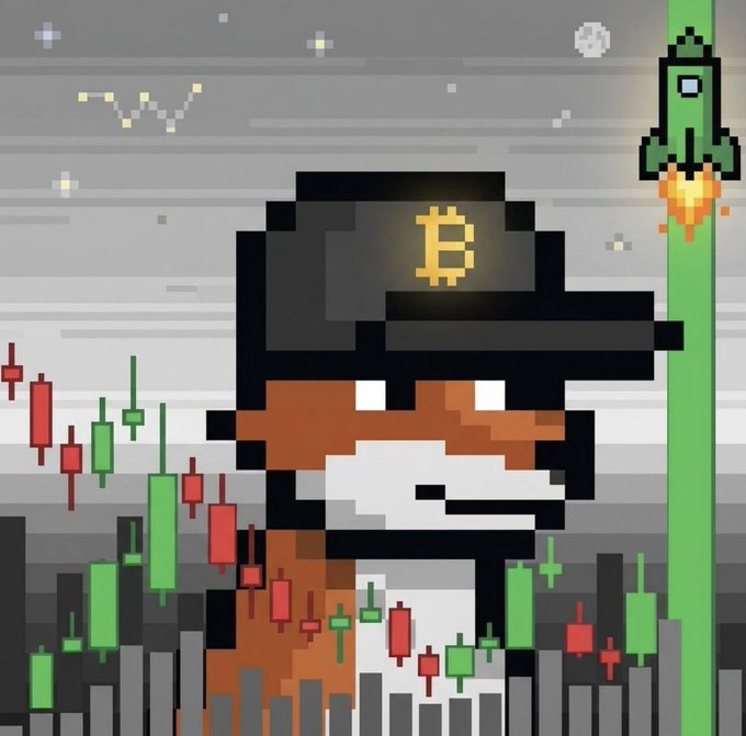 A pixel art illustration of a monkey character wearing a black cap with the Bitcoin logo, standing in front of green and red trading candles with a rocket ship launching on the right side.
