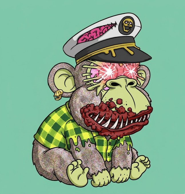 A digital cartoon illustration of a green monkey in a sailor hat and checkered shirt, featuring an exposed brain and bloodied face on a teal background.