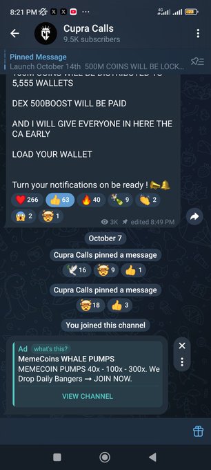 A Telegram channel screenshot titled 'Cupra Calls' with 9.5K subscribers, featuring a pinned message about launching October 14th, 500M coins being locked, 5,555 wallets, and DEX 500BOOST payout details.