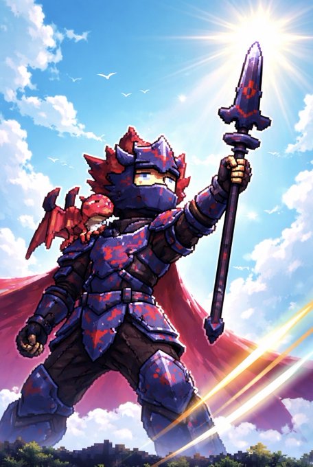 Anime-style illustration of a knight in blue and red armor holding a glowing sword aloft against a bright blue sky with clouds, with a small red dragon perched on his shoulder.