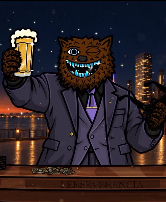 An illustrated anthropomorphic brown furry character in a purple suit holds a beer mug at night by a waterfront city, with "PERSEVERENCIA" engraved on the wooden bar and money laid out in front.