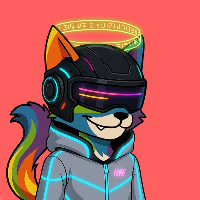 A digital illustration of a blue cartoon fox wearing a futuristic black helmet with neon accents, a rainbow halo, and a grey Nike tracksuit jacket against a red background.