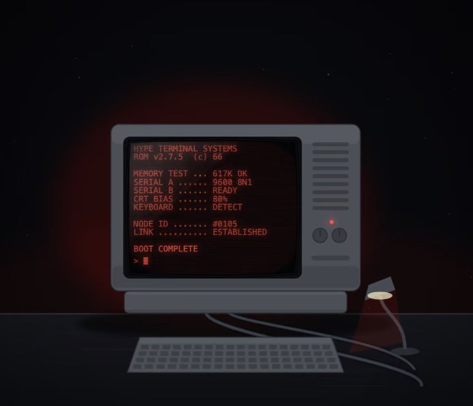 A stylized illustration of a vintage computer monitor displaying a red text boot sequence reading 'HYPE TERMINAL SYSTEMS' with messages like 'BOOT COMPLETE' against a dark background, accompanied by a keyboard and a small desk lamp.
