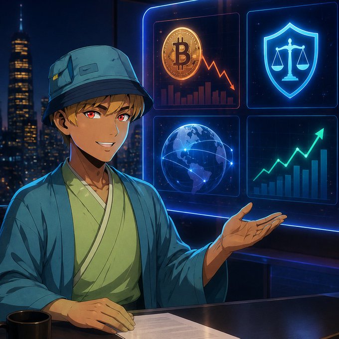An anime-style character wearing a blue bucket hat and kimono gestures toward glowing screens displaying a Bitcoin symbol, a globe, a justice shield, and a rising chart, with a city skyline behind them.