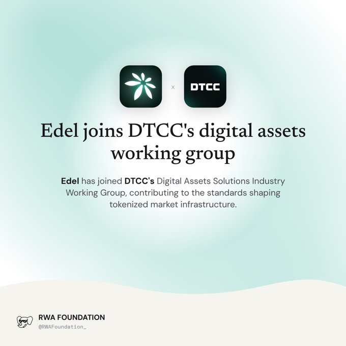 An announcement graphic stating 'Edel joins DTCC's digital assets working group', featuring logos for Edel and DTCC, with a note that Edel will contribute to standards shaping tokenized market infrastructure.