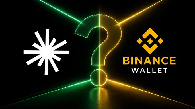 Graphic comparing two cryptocurrency wallets with a glowing neon question mark between a white asterisk-like logo and the orange Binance Wallet logo.