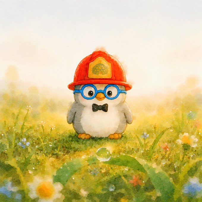 A cute watercolor-style penguin wearing a red fireman's helmet, blue glasses, and a black bow tie stands smiling in a sunny field of wildflowers. The cheerful "Happy Friday" message pairs perfectly with the penguin's joyful pose, evoking the warmth and relief of reaching the end of the work week.