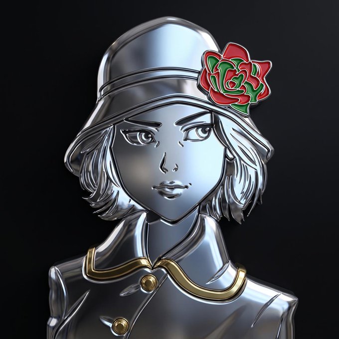 A silver metallic stylized bust of a woman wearing a cloche hat adorned with a red and green rose, featuring gold-trimmed clothing.